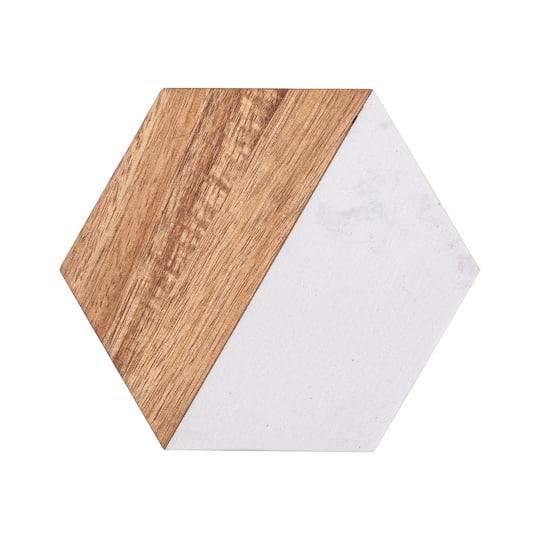 Craft Express 3.93&#x22; x 4.5&#x22; Coaster Marble &#x26; Wood Laserable Hexagonal, 4ct.